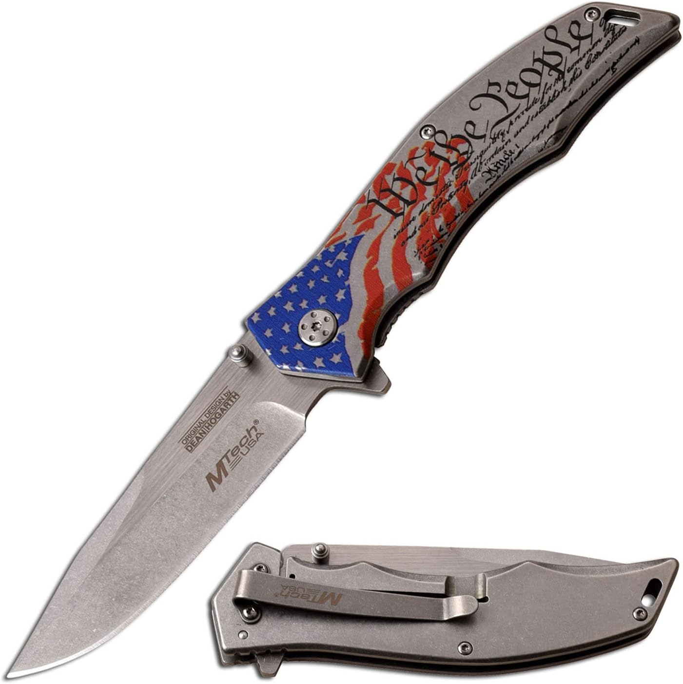 MTech USA Xtreme – Pocket Folding Knife – Stonewashed Finish Fine Edge Drop Point Blade, American Flag We The People Stainless Steel Handle, Frame Lock, EDC, Tactical – MX-A849SW
