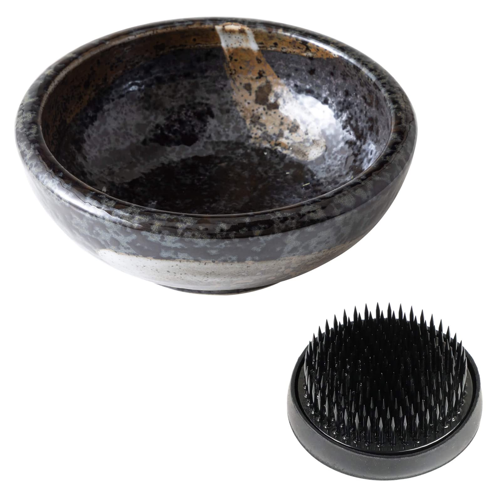 Wazakura Minoyaki Series Japanese Ikebana Essential Tool Kit - Small Round Ceramic Flower Vase and Kenzan Pin Frog for Floral Arranging (Black Vase + 61mm Black Kenzan)