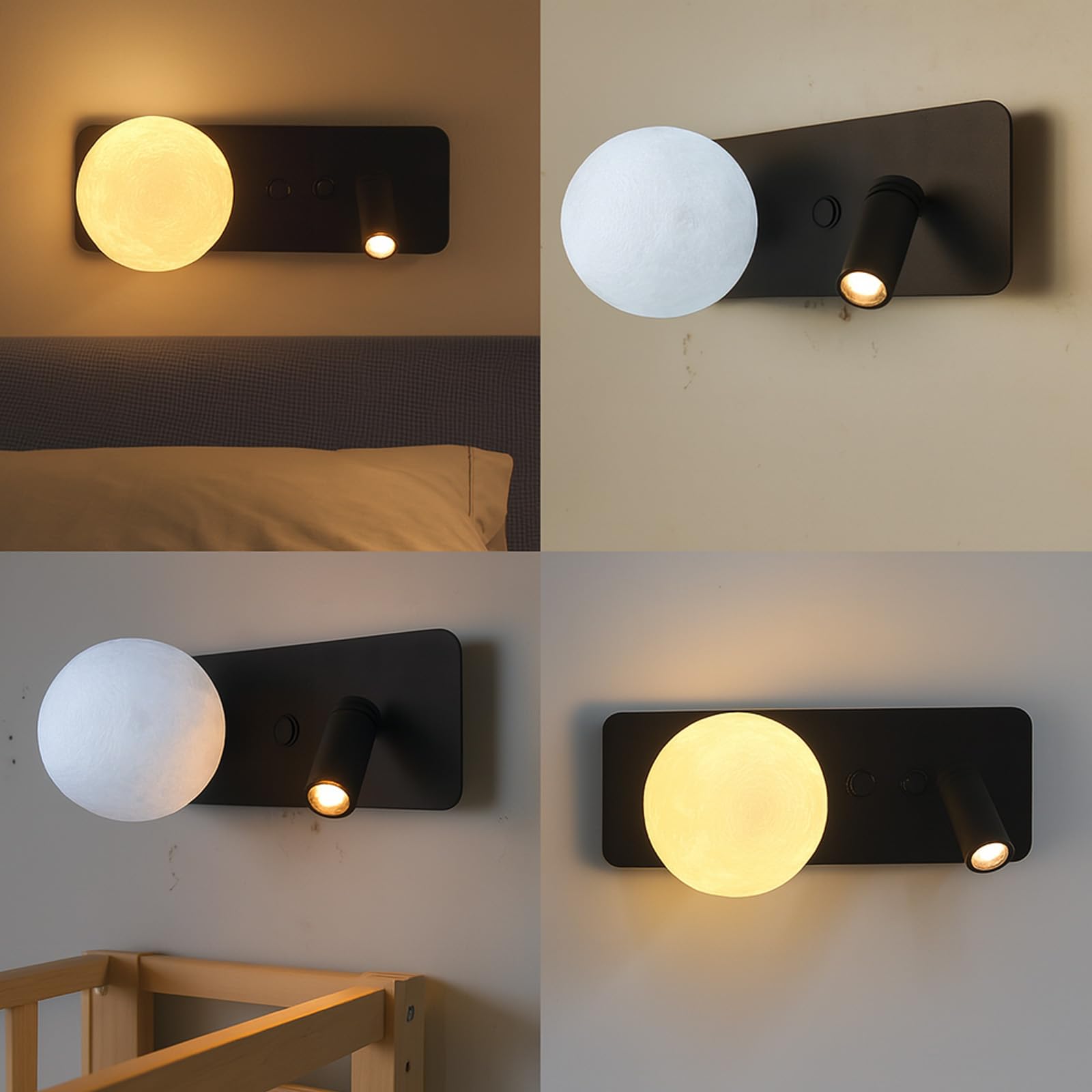 Alpinaluz Applique murale noire avec boule 3D style lune et spot de lecture LED 3 W 2800 K - Double interrupteur, culot G9, design moderne en métal pour chambre et tête de lit