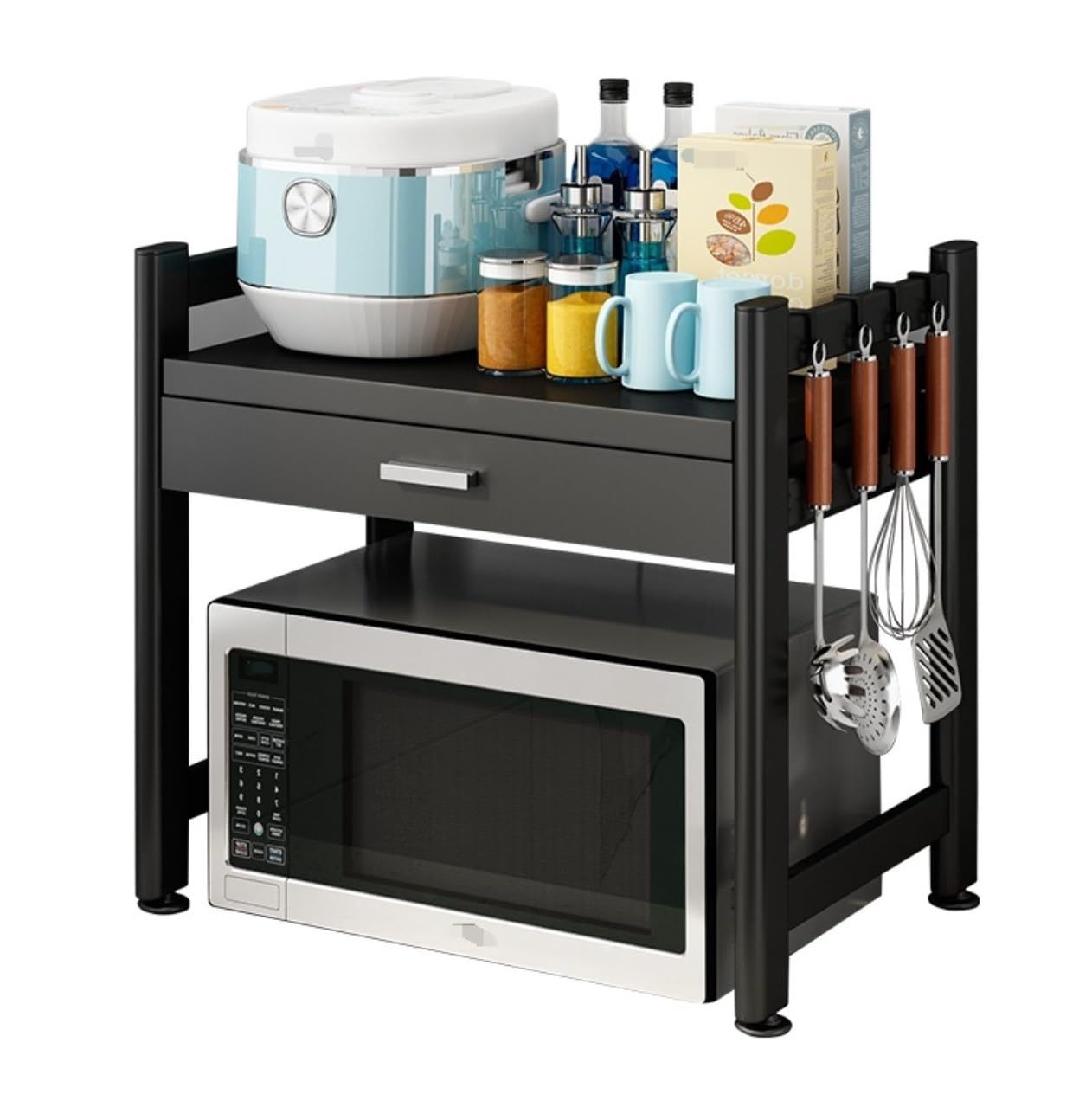 Tyuhduyur A Microwave Stand Microwave Rack 2 Tier With Drawer Carbon Steel Microwave Shelf Toaster Stand Kitchen Storage C( Black) ( Black)