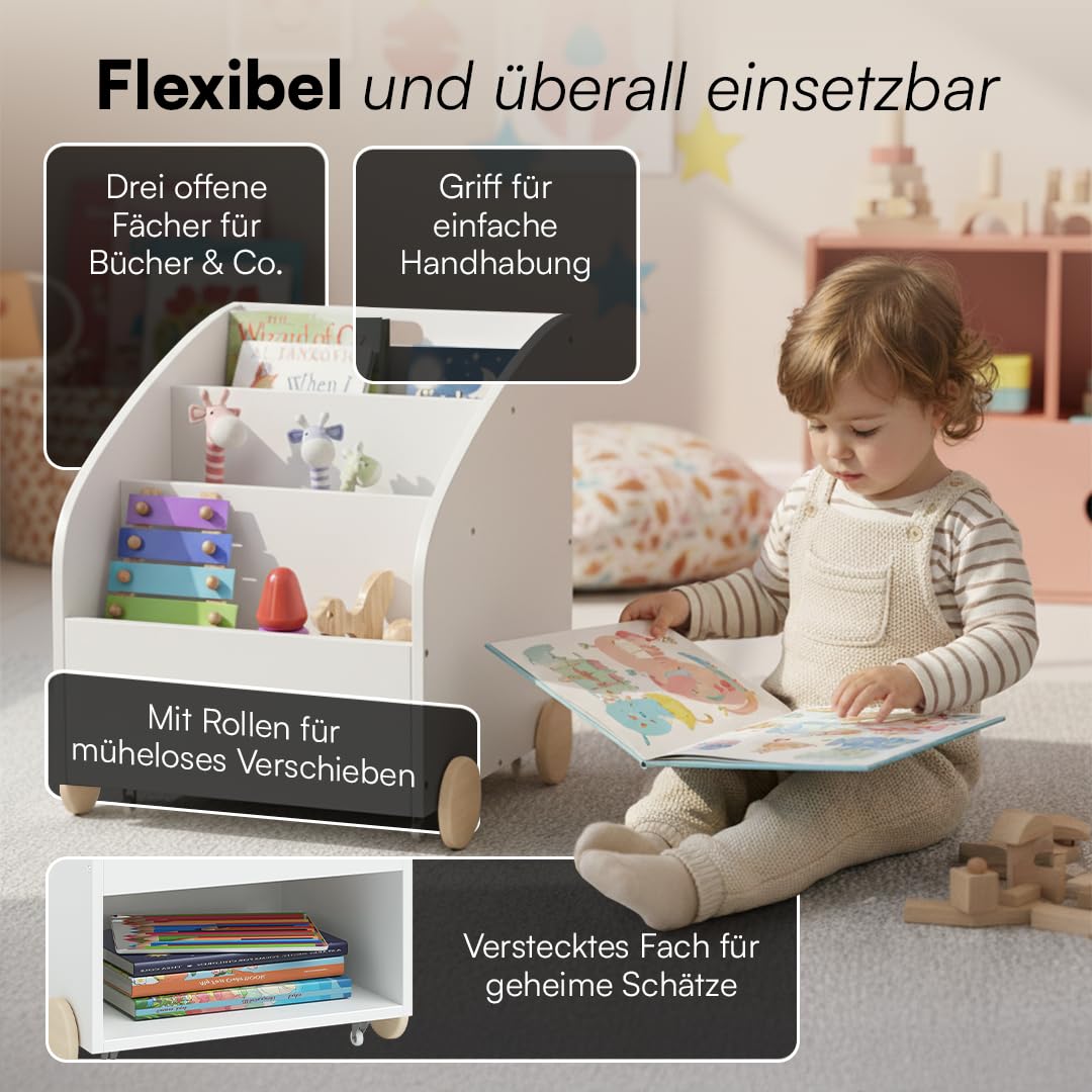 Bellabino Towy Kinderregal – Kinder Bücherregal mit 3 Fächern – Montessori Regal Weiß - Aufbewahrungsregal Kinderzimmer mit Rollen – Spielzeugregal mit Geheimfach – Kinderbücherregal 43x40x43 cm