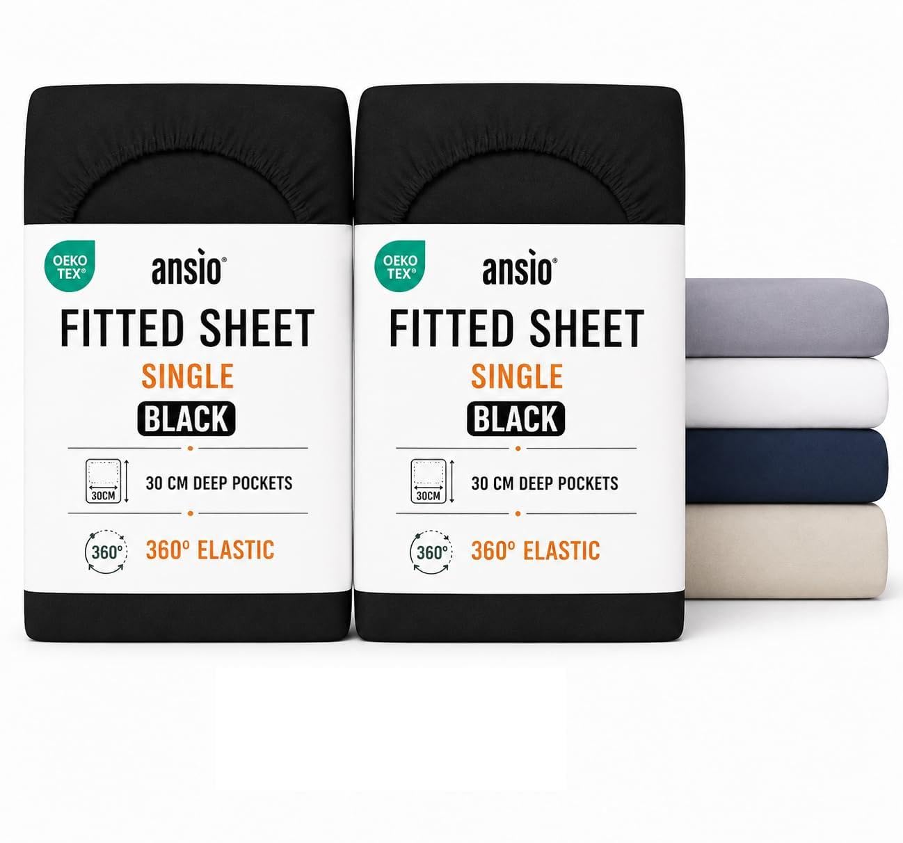 ANSIO® Single (2 Pack) Fitted Sheet Soft Brushed Microfibre Fabric – Deep Pocket 30cm – All-Around Elastic – OEKO-TEX Certified – Easy Care & Naturally Smooth After Wash - Beige