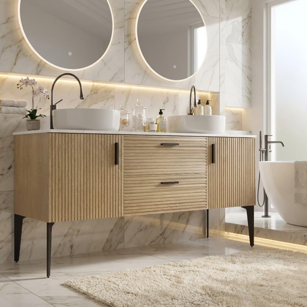 Emilia 48 Inch Bathroom Vanity with Sink Natural Oak Freestanding & Wall Mount Vanity Cabinet, E1 Eco-Friendly Ceramic Sink for Modern Bathrooms, DTC Soft Close Drawers & U Cutout Storage