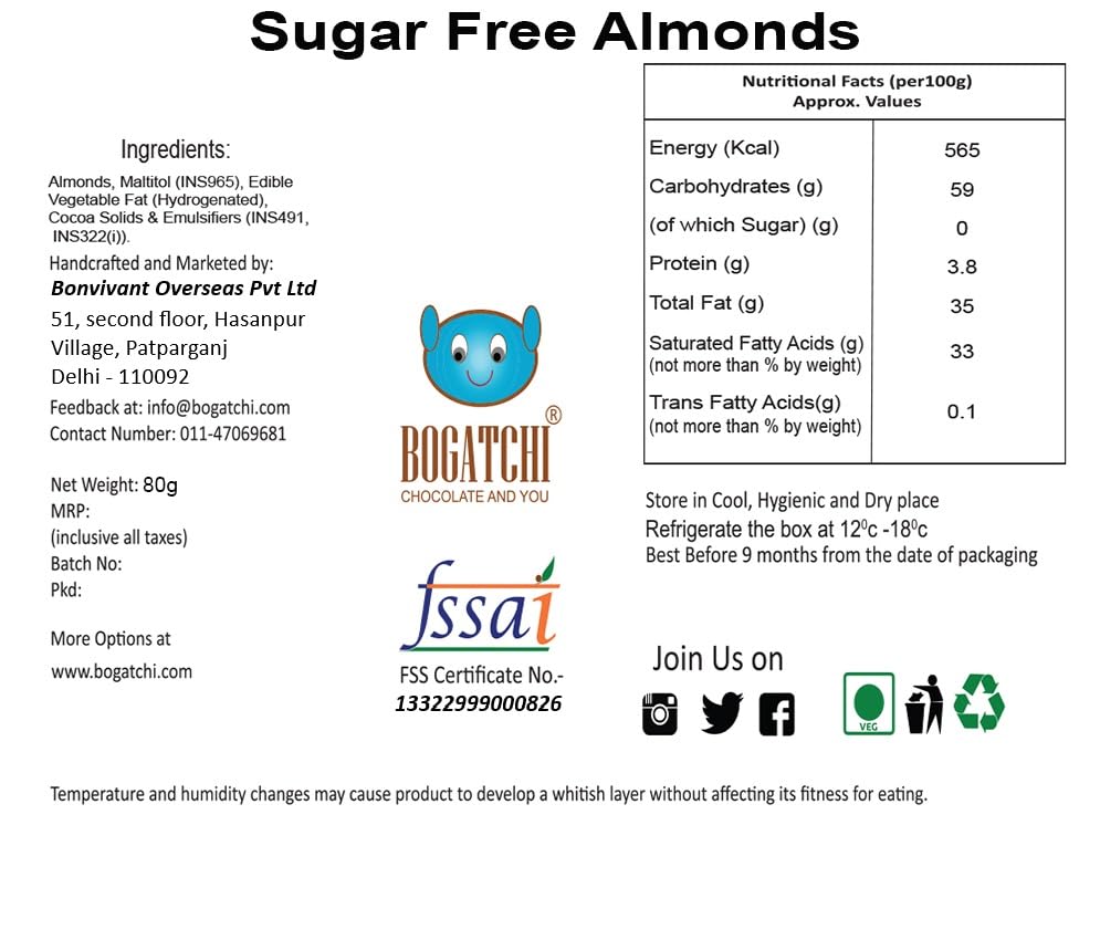 Image of BOGATCHI Almond Sugar Free Dark Chocolate Bites (15 Pcs) | Healthy Roasted Almond Chocolate Squares | Zero Sugar Premium Diabetic Friendly Snack & Gift Box | Vegetarian 80g