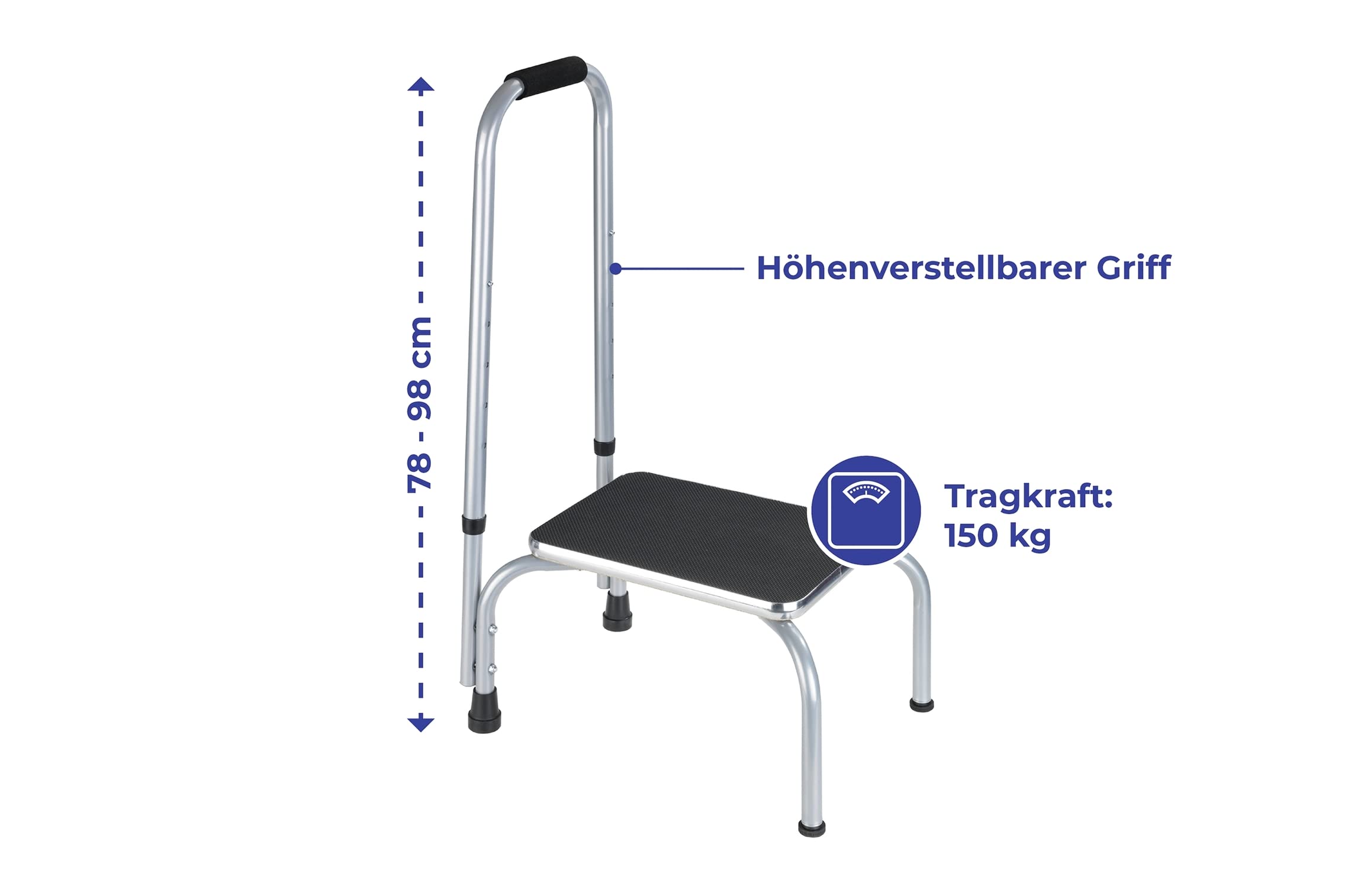 Maximex Sicherheits-Tritt SECURA - Rutschsicherer Haushaltstritt, pulverbeschichtetes Metall, 26.5 x 78-98 x 32 cm, Grau
