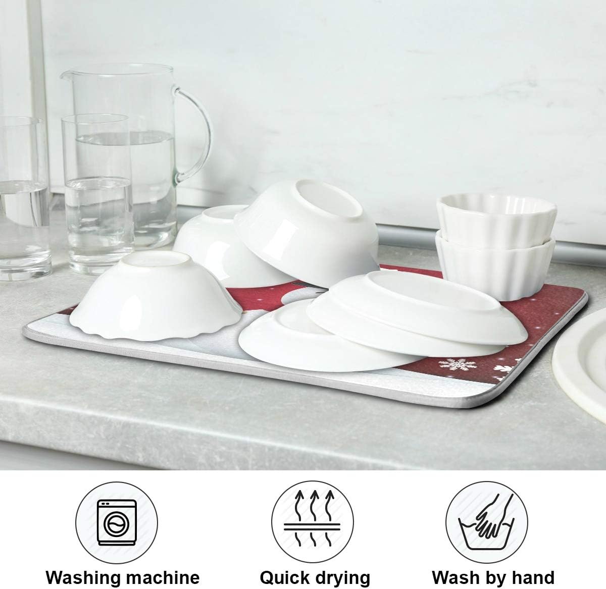 Red Christmas Snowman Snowflake Dish Drying Mat Kitchen, Multifunctional Kitchen Heat Proof Mat, Heat Resistant Countertop Protection Easy Clean 18 x 24Inch
