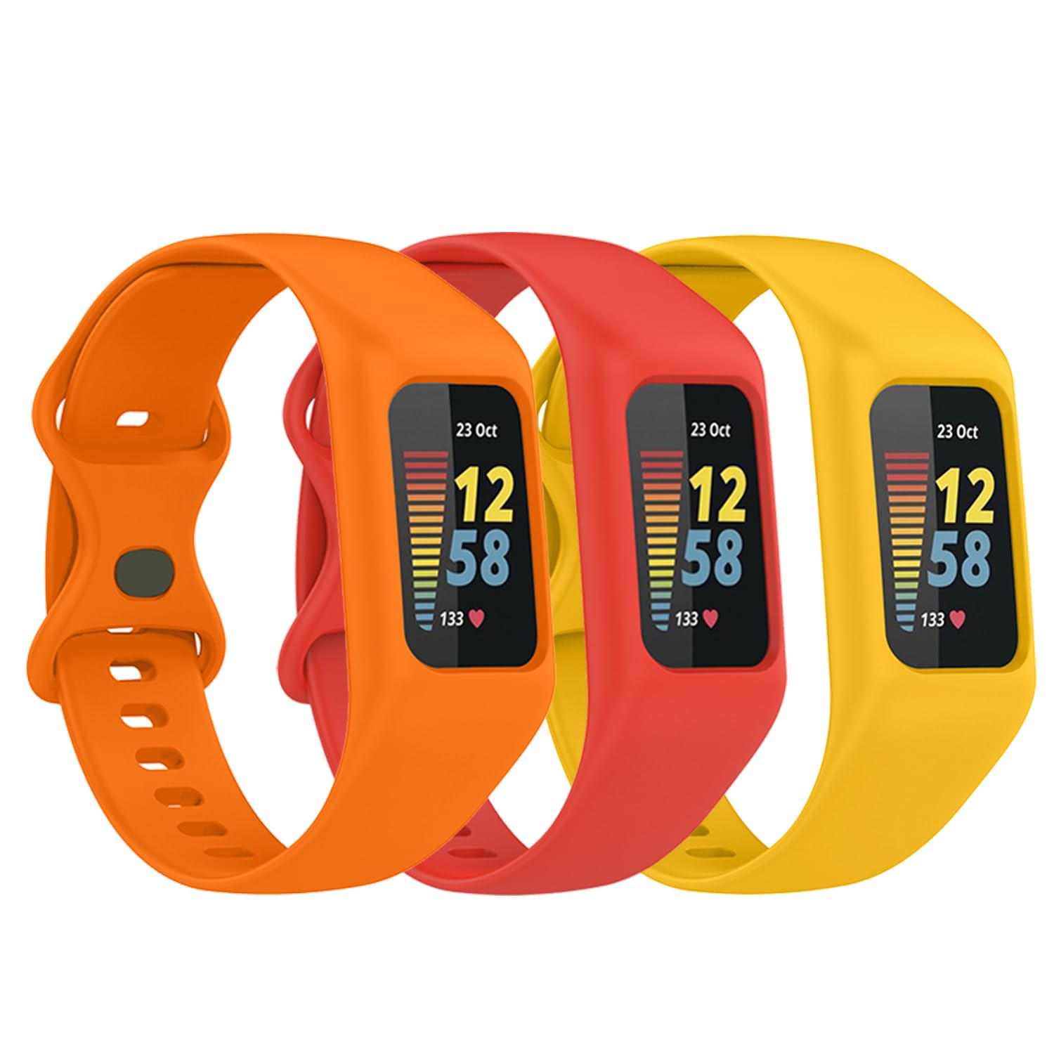 Gheper 3 Pack Soft Watchband Compatible with Fitbit Charge 6, Charge 5, Charge 4, Charge 3/3SE Silicone Wristband All-round Protective Band Replacement Bracelet Strap, Orange/Yellow/Red