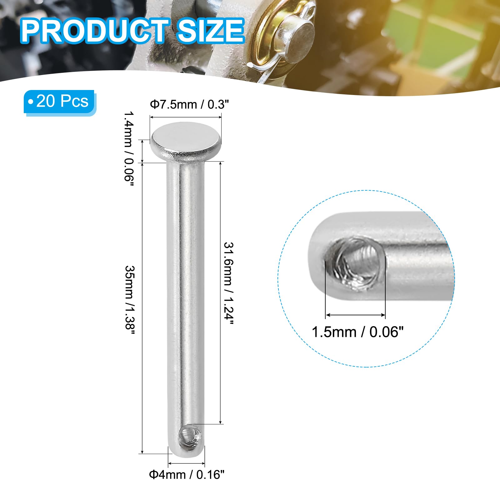 PATIKIL 4 x 35 Mm Single Hole Clevis Pins, 20 Pcs 304 Stainless Steel Flat Head Pin for Hitch Pin Lock Link Hinge Systems Silver - Image 2