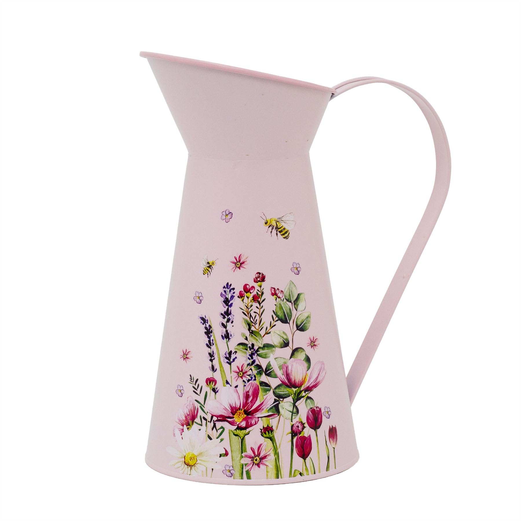 Pink Floral Metal Pitcher, 27cm Decorative Tin Jug Vase with Colourful Flower Design for Home Decor, Shelves and Tables