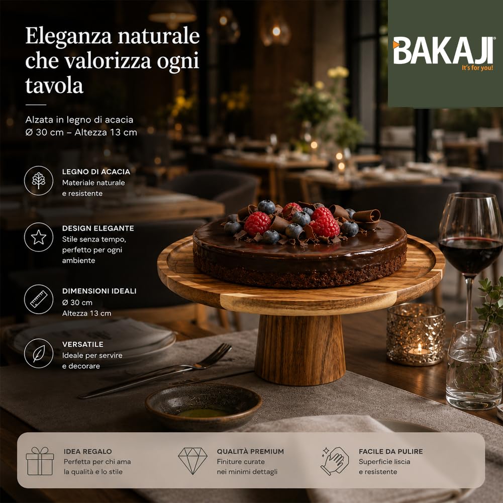 BAKAJI Alzatina per Dolci in Legno di Acacia Design Minimal, Vassoio da Portata Versatile Ideale sia per Torte che Aperitivi, Accessorio da Tavola per Bar, Casa, Ristorante, 30 x 13 cm