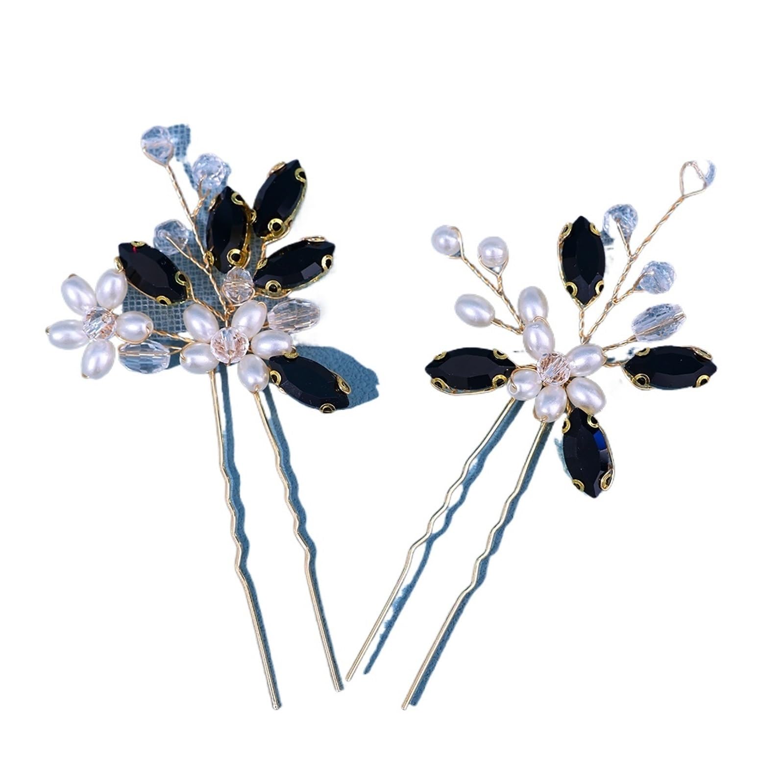2 Stücke Handgemachte Kristall Perlen Haarnadeln Blume Haarbänder for Frauen Braut Hochzeit Haarschmuck Mehr Farbe Strass Clips(Black)