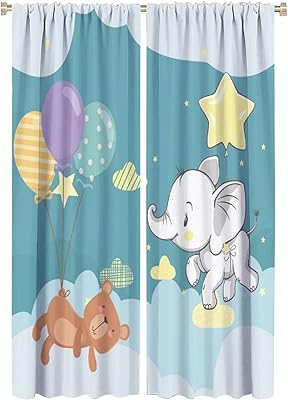 Cartoon Elephant Blackout Curtains for Bedroom,Boy Girl Cute Balloons Baby Bear Elephant Window Drapes - Thermal Insulated and Noise Reduction,42x63in Room Darkening Curtains