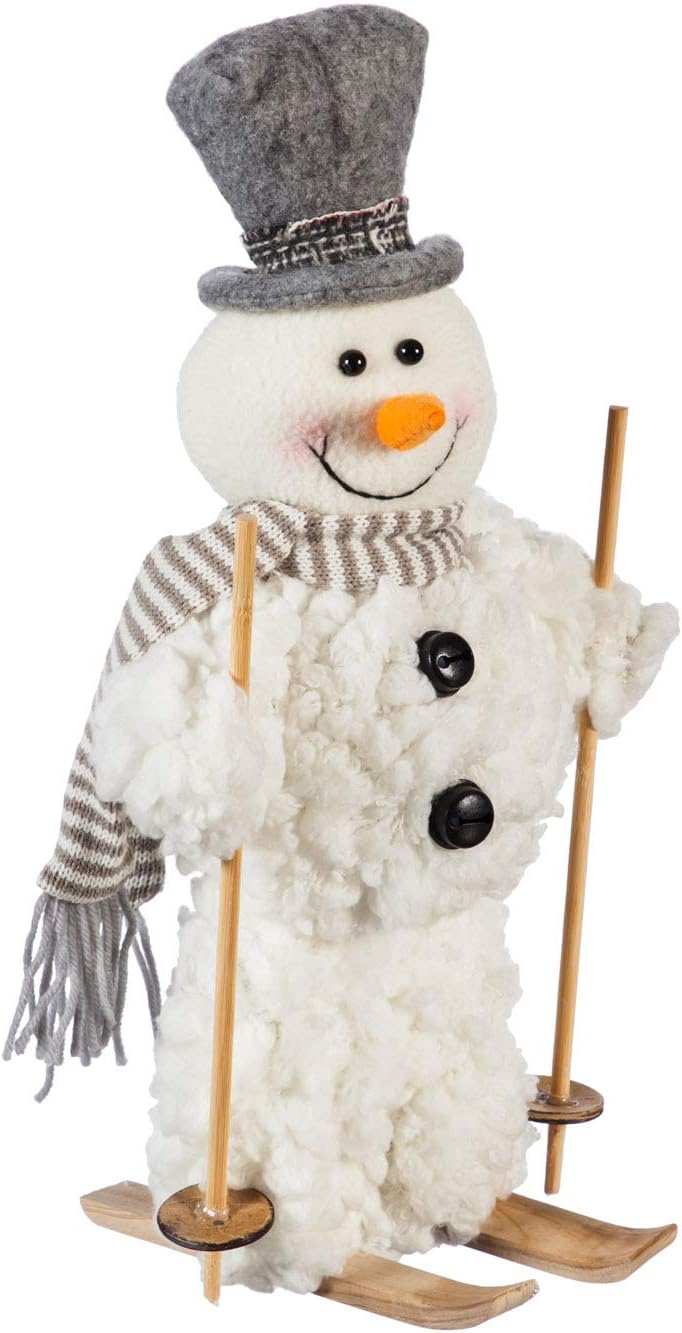 Cypress Home Winter Polyester Snowman on Wooden Skis Holiday Tabletop Décor, 15" H