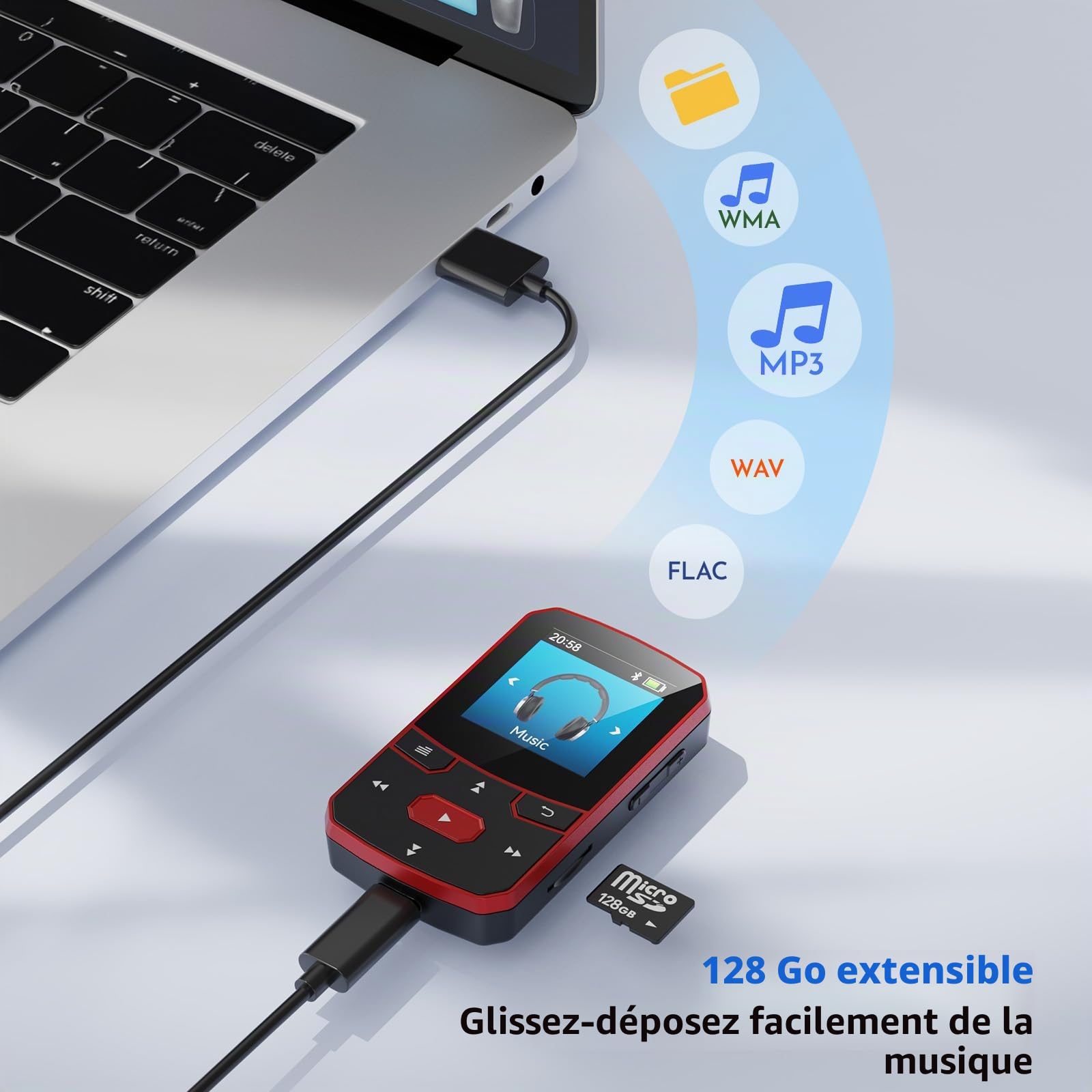 Lecteur MP3 64Go Bluetooth 5.3, Mini Portable 29g Fonction Reprise, Baladeur Numérique Sport Clip avec Boutons Physiques pour Utilisation à l'Aveugle, Radio FM, Dictaphone, Extensible jusqu'à 128Go