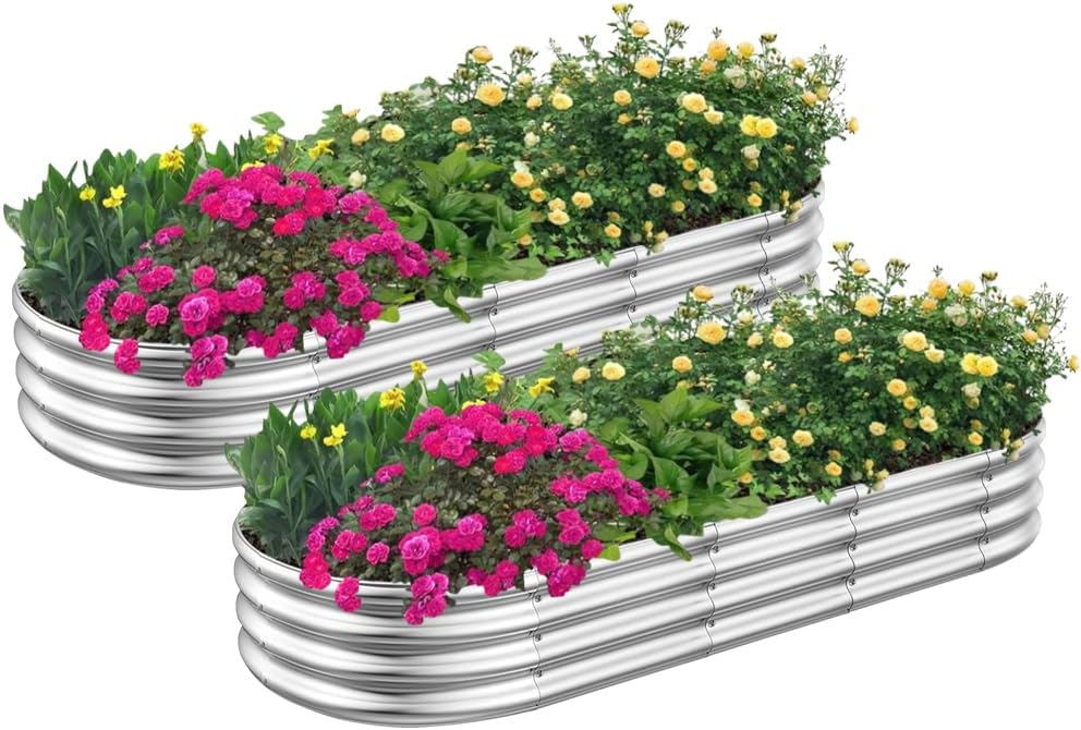 RAYKEEP 2pcs 5x2x1FT Raised Garden Beds Outdoor Kit, Galvanized Oval Planter Box, Metal Bottomless Elevated Garden Boxes Set for Planting Vegetables, Fruits, Flowers