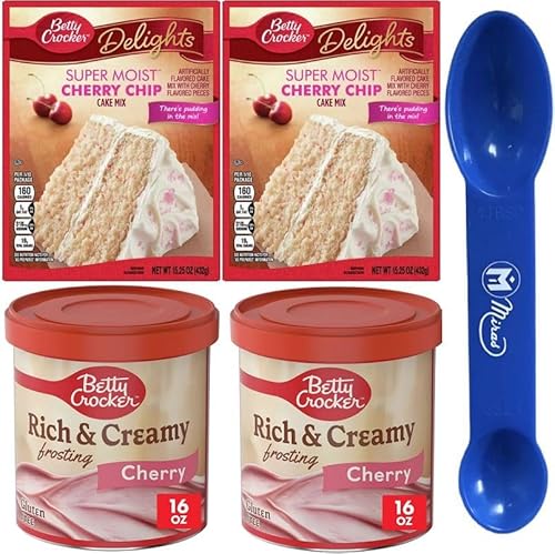 Betty Crocker Super Moist Cherry Chip Cake Bundle Cake Mix (2 Boxes), Frosting (2 Tubs) (Free Miras Trademark 2-in-1 Measuring Spoon Included!)