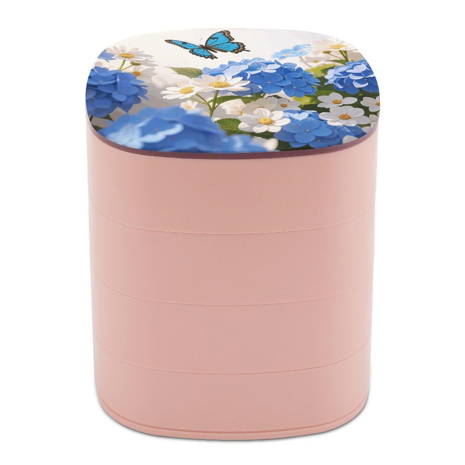 VstaDank Hydrangeas Daisies Butterflies Jewelry Box with Mirror 4-Layer Rotating Jewelry Tray Case Portable Jewelry Case Trinket Boxes Trinket Cases Travel Jewelry Organizer Earrings Storage Box