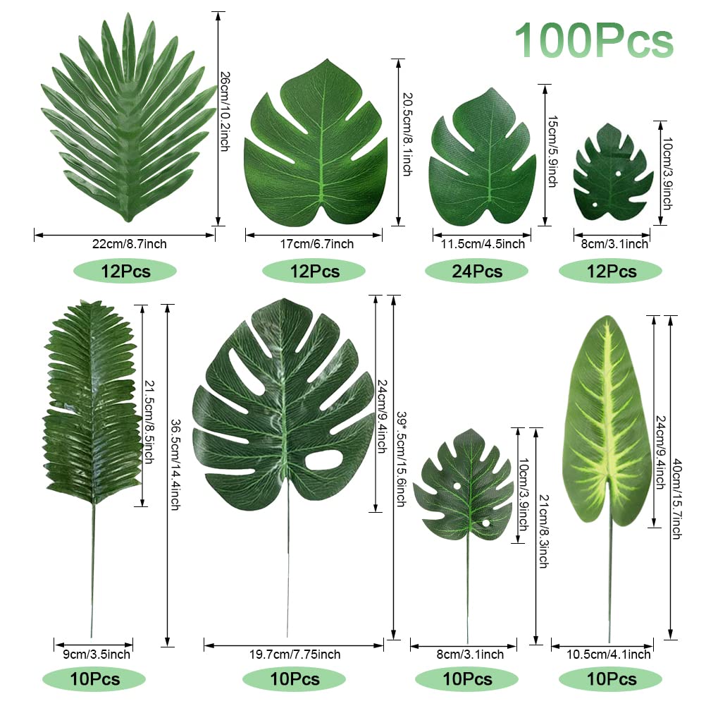 Set di 100 foglie di palma, 8 tipi di foglie di palma artificiali con steli pianta tropicale, foglie di palma e foglie mostri foglie per giungla beach hawaiano matrimonio partito decorazione