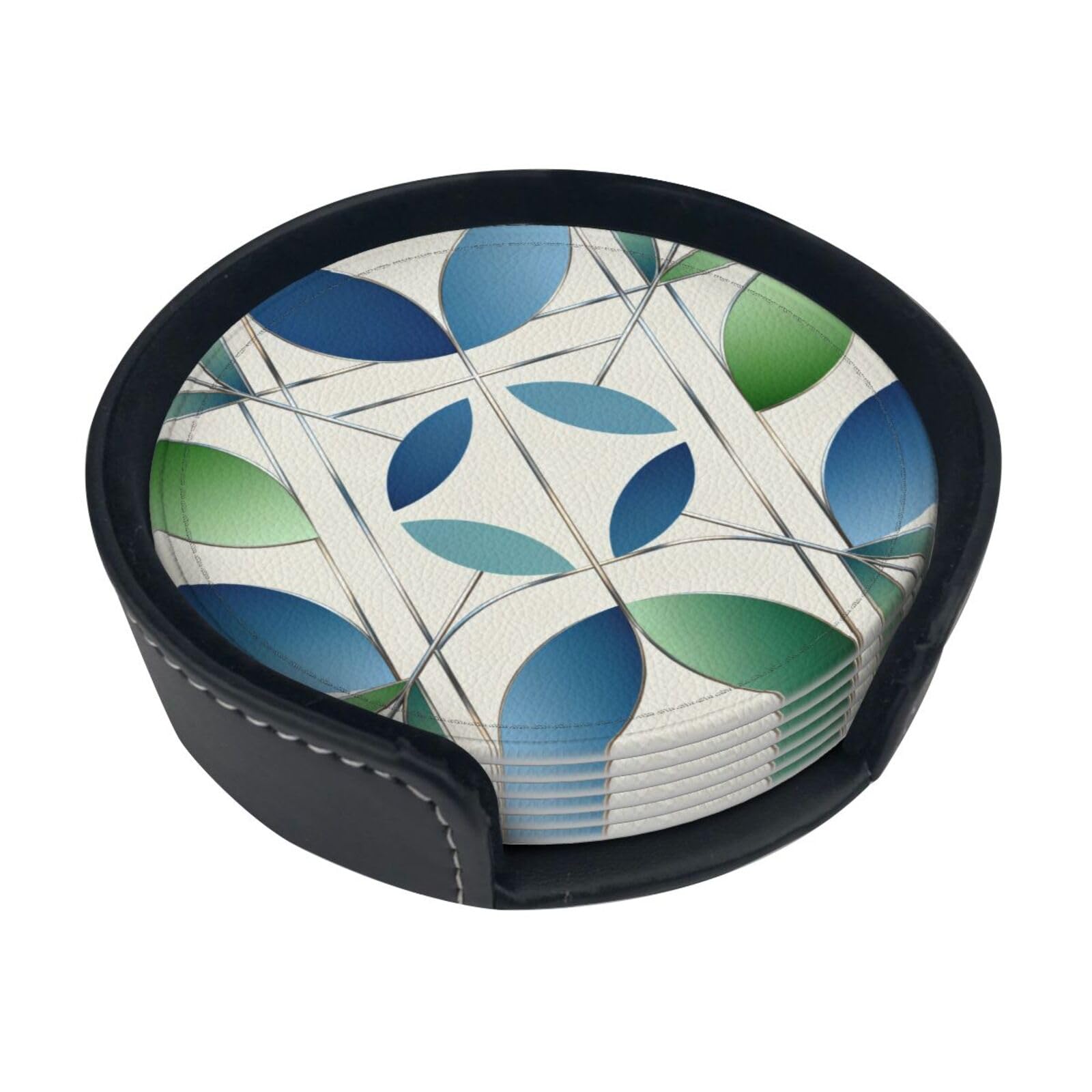 Cntdbu White Leaf Geometric Pattern Leather Coasters Set Of 6-Pu Leather Drink Mats For Table, Heat Resistant Round Coasters With Holder