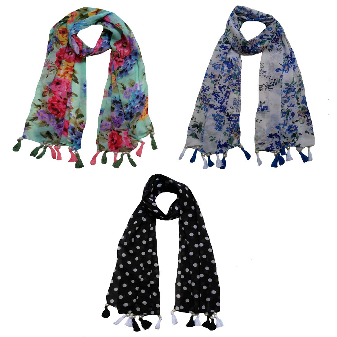 Letz Dezine � Women's Printed Poly Cotton Multicolored Scarf and Stoles with Pearl Tassels - Set of 3 (LDS10100)