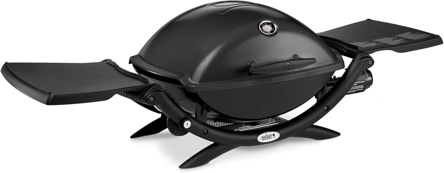 Weber Q2200 Gas Grill, 54 x 39 cm Grilling Surface, 1 Burner, with Fold-Out Side Tables, 2-Piece Porcelain-Enamelled Cast Iron Grill Grate, with Lid Thermometer - Black (54010074)