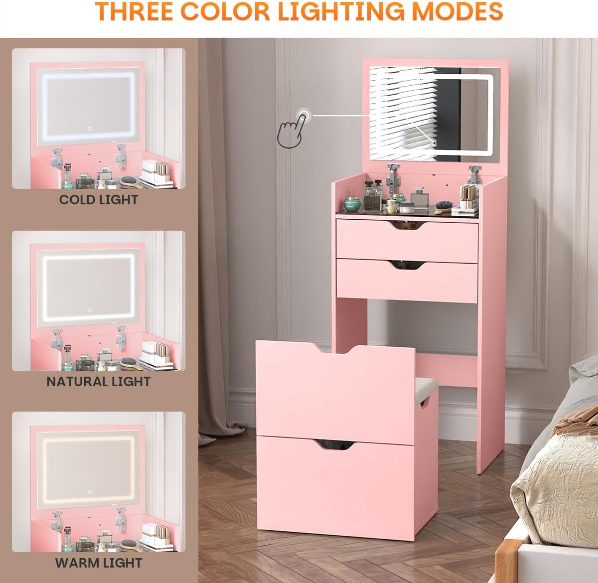 3 in 1 Vanity Desk with Flip-up Mirror and Lights, Small Makeup Vanity Set with Hidden Chair and Storage Drawers, Compact Dressing Table for Bedroom(Pink)