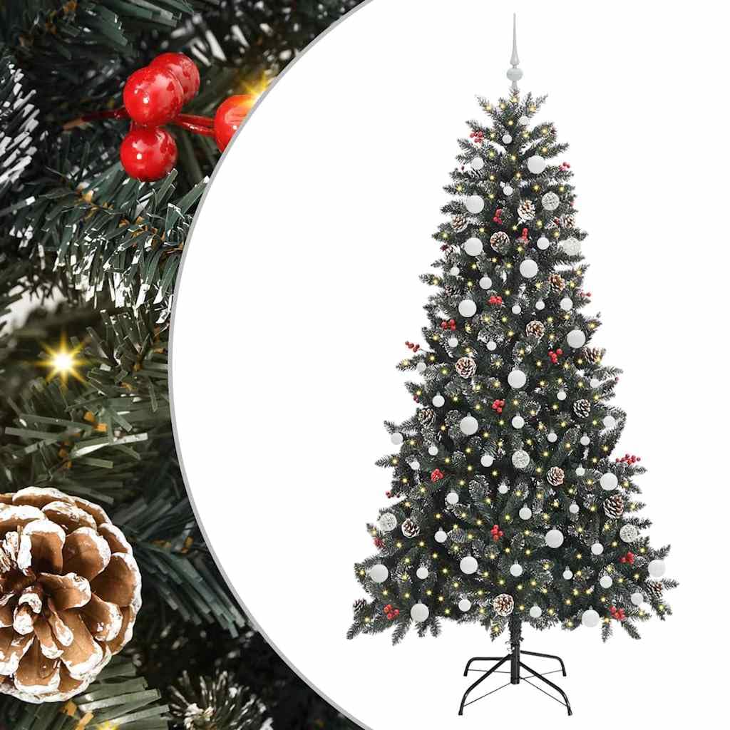 Albero di Natale artificiale verde, 210 cm, in PVC e acciaio, con luci a