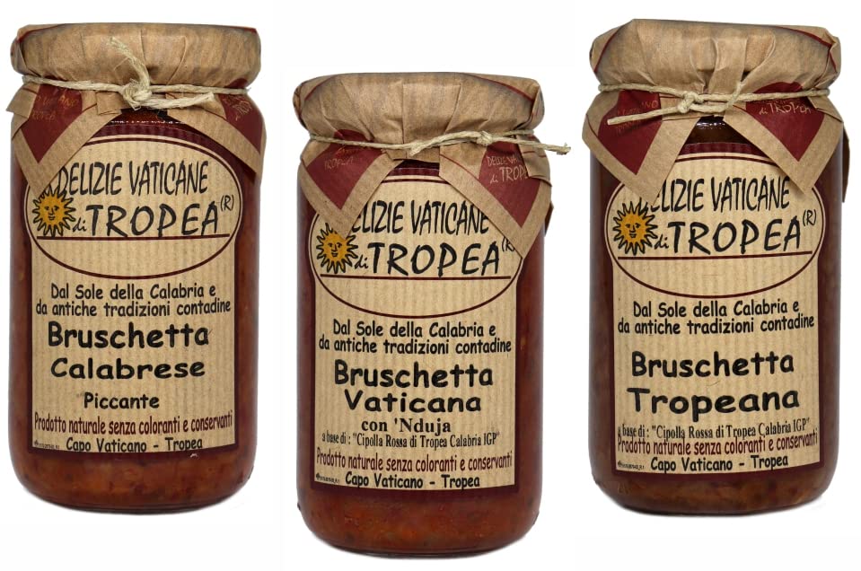 Tris Gourmet Bruschette - Set Regalo Cibi dai Gusti Raffinati Bruschette Calabrese + Vaticana con Nduja + Tropeana - Autentica Salsa Gourmet Artigianale - Made in Italy – Delizie Vaticane di Tropea