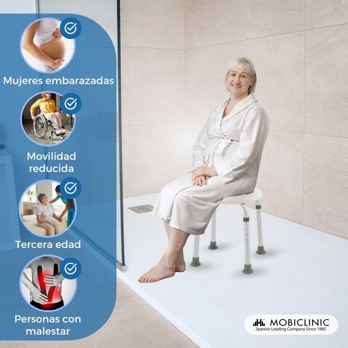 Mobiclinic®, Taburete baño, Conteras Antideslizantes, Asiento Confortable, Banqueta de Ducha, hasta 100 kg, Ligera y Resistente, Aluminio (Cloruro de polivinilo (PVC))