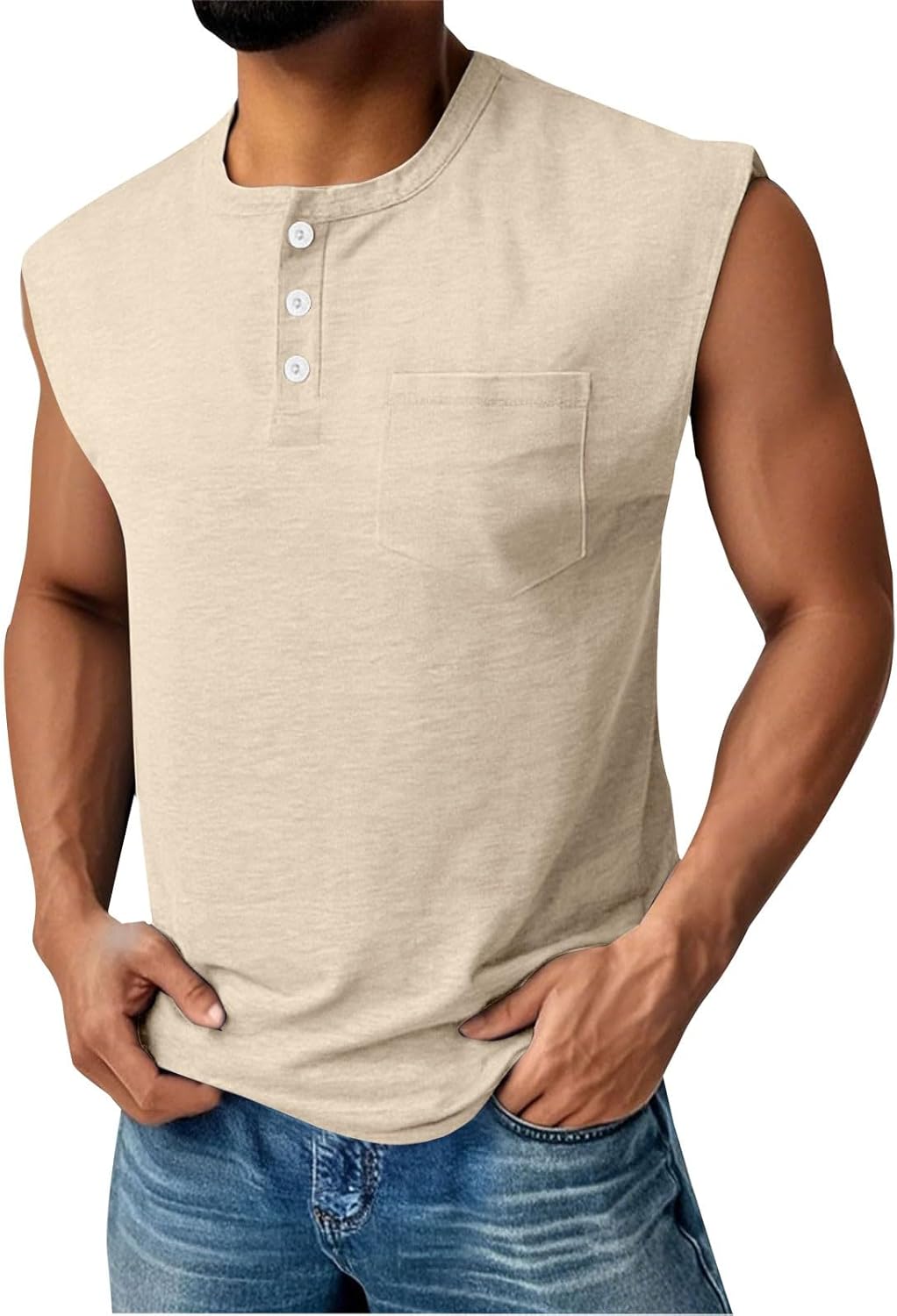 Men's Henley Pocket Tank Top – Casual Muscle Tank with Button Placket & Pocket for Summer & Gym