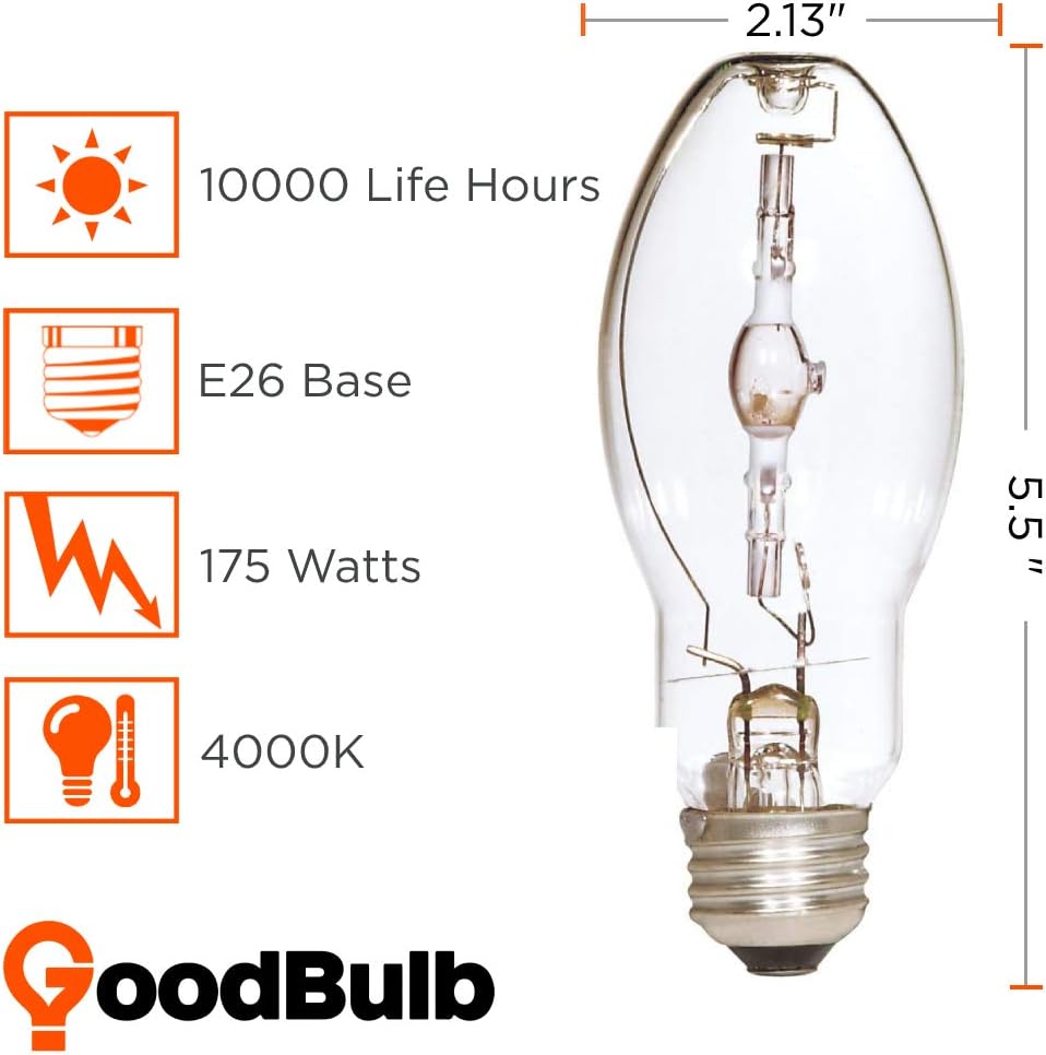 GoodBulb Metal Halide HID Light Bulb, 175W E26 Base ED17 ANSI Code M57, High Output HID Light, 4000K Cool White Color, Clear Finish 10000 Life Hours, Pack of 2 Bulbs