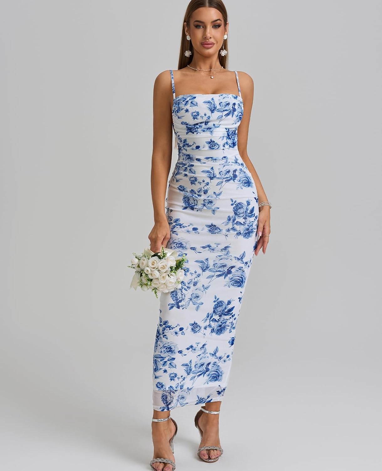 Women Floral Corset Maxi Long Dress Ruched Bodycon Long Formal Wedding Guest Dresses - Image 3