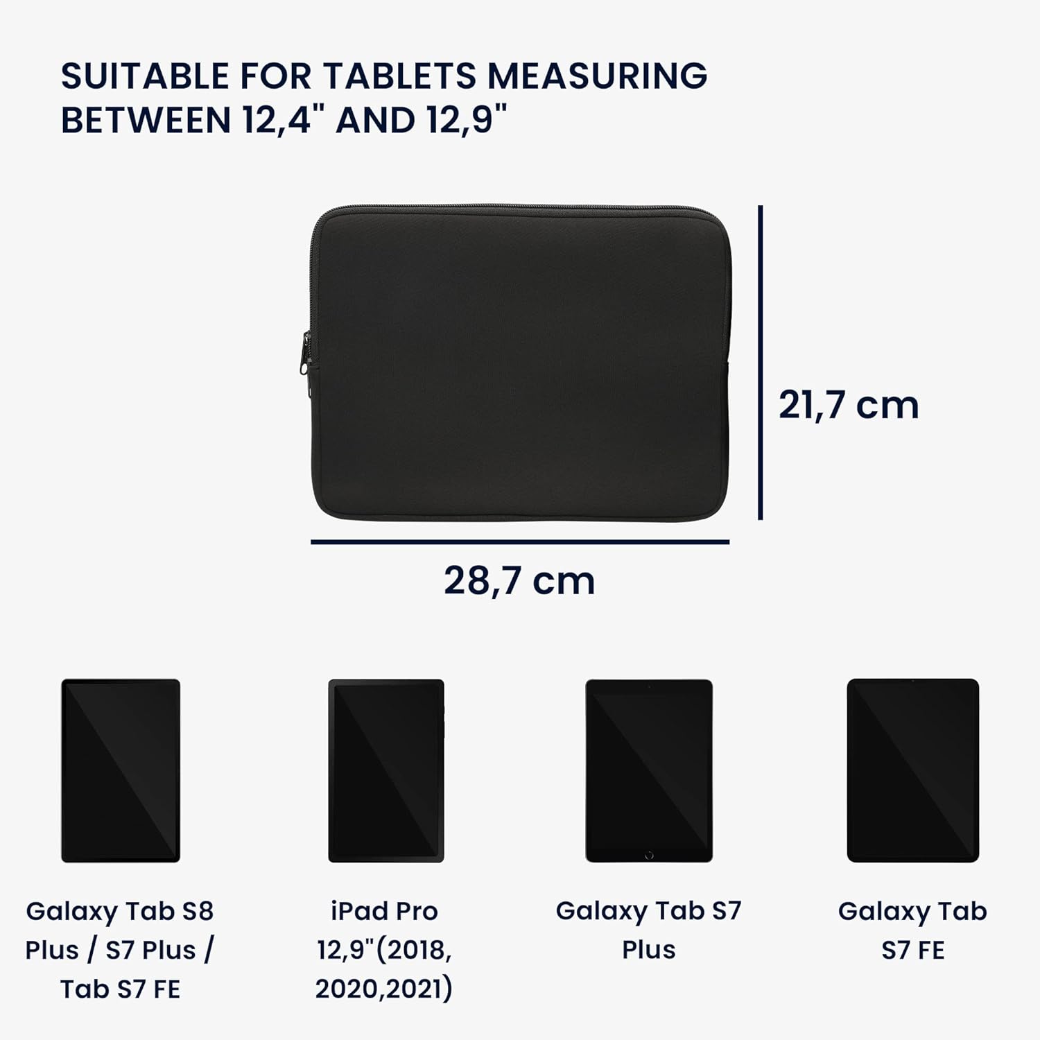 Diagram showing the dimensions of the pouch (28.7 cm x 21.7 cm) and compatible tablet models