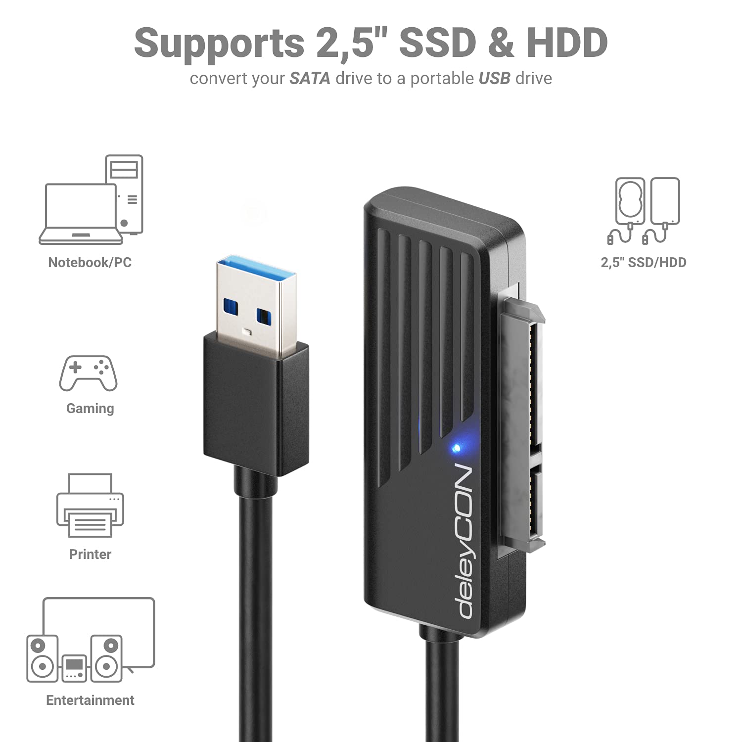 deleyCON USB 3.0 Adapter Kablowy SATA USB A do 2,5-Calowych Dysków Twardych HDD SSD 5 Gbit/s UASP SATA I II III Plug&Play