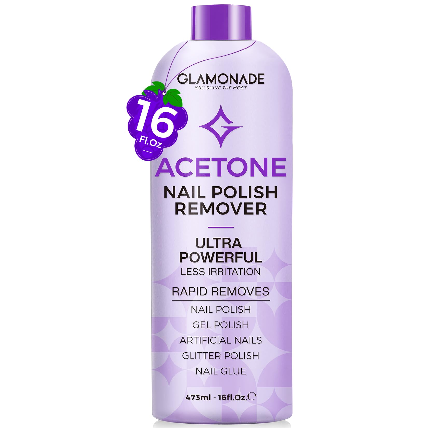 Glamonade Acetone Nail Polish Remover: 16 Fl Oz Large Capacity Professional Gel Polish Remover for Removal of Regular Polish/Gel Polish/Glue/Artificial Nail - With Grape Seed Oil for Gentle Removal