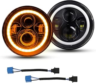 7 inch LED Headlight Halo, Angel Eyes DRL Amber Turn Signal Lights, H6024 Round Led Headlights Replace High/Low Sealed Beam Compatible with Jeep Wrangler JK TJ LJ CJ H4-H13 Adapter