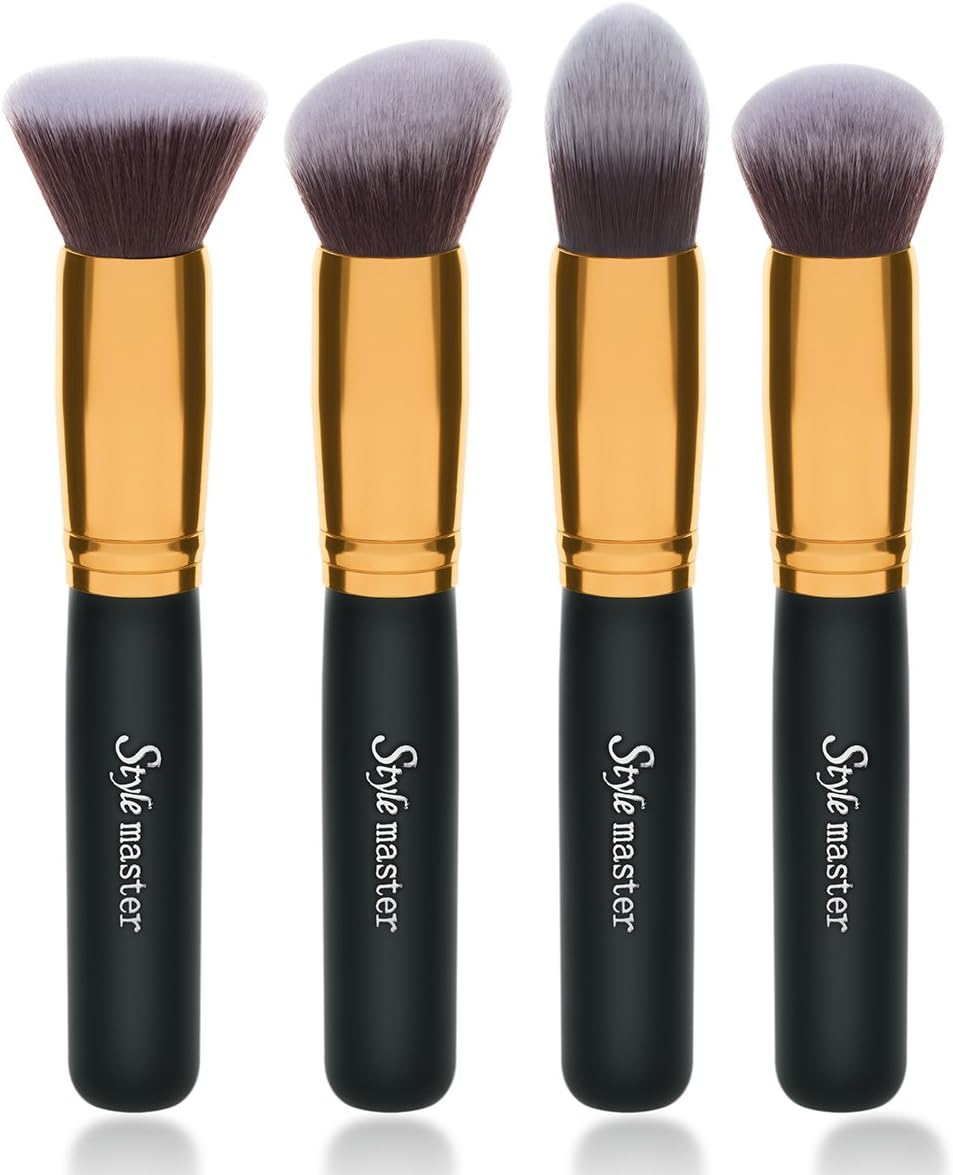Premium Synthetic Kabuki Makeup Brush Set Cosmetics Foundation Face Brush Makeup Brush Kit (4pcs, Golden Black)