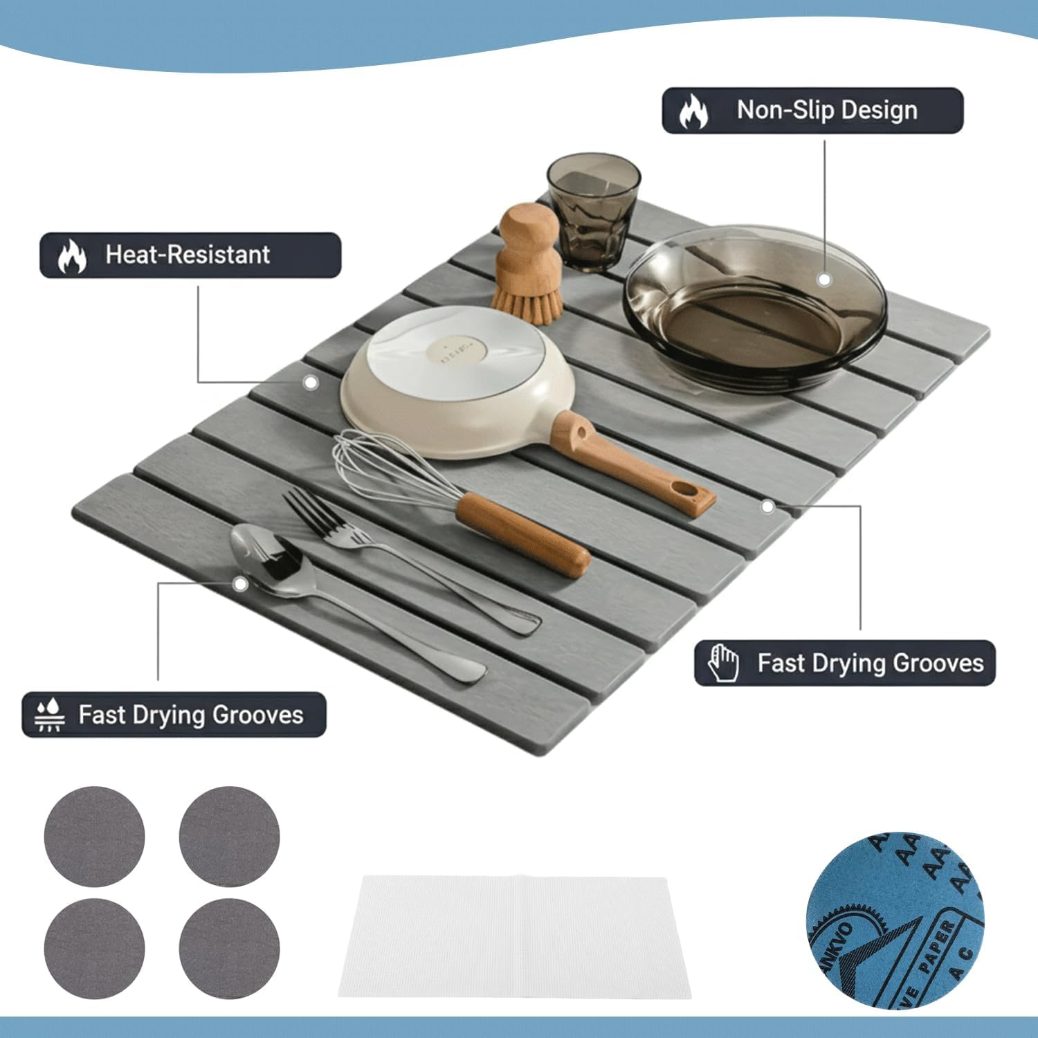 7 PCS Stone Drying Mat with 4 Round Cup Coasters,Sandpaper & Abrasive Pad,Foldable,Colapsible 24″x16″Water Absorbing Diatomaceous Earth Drying Mat,Quick Drying Stone, Stone Dish Drying Mat