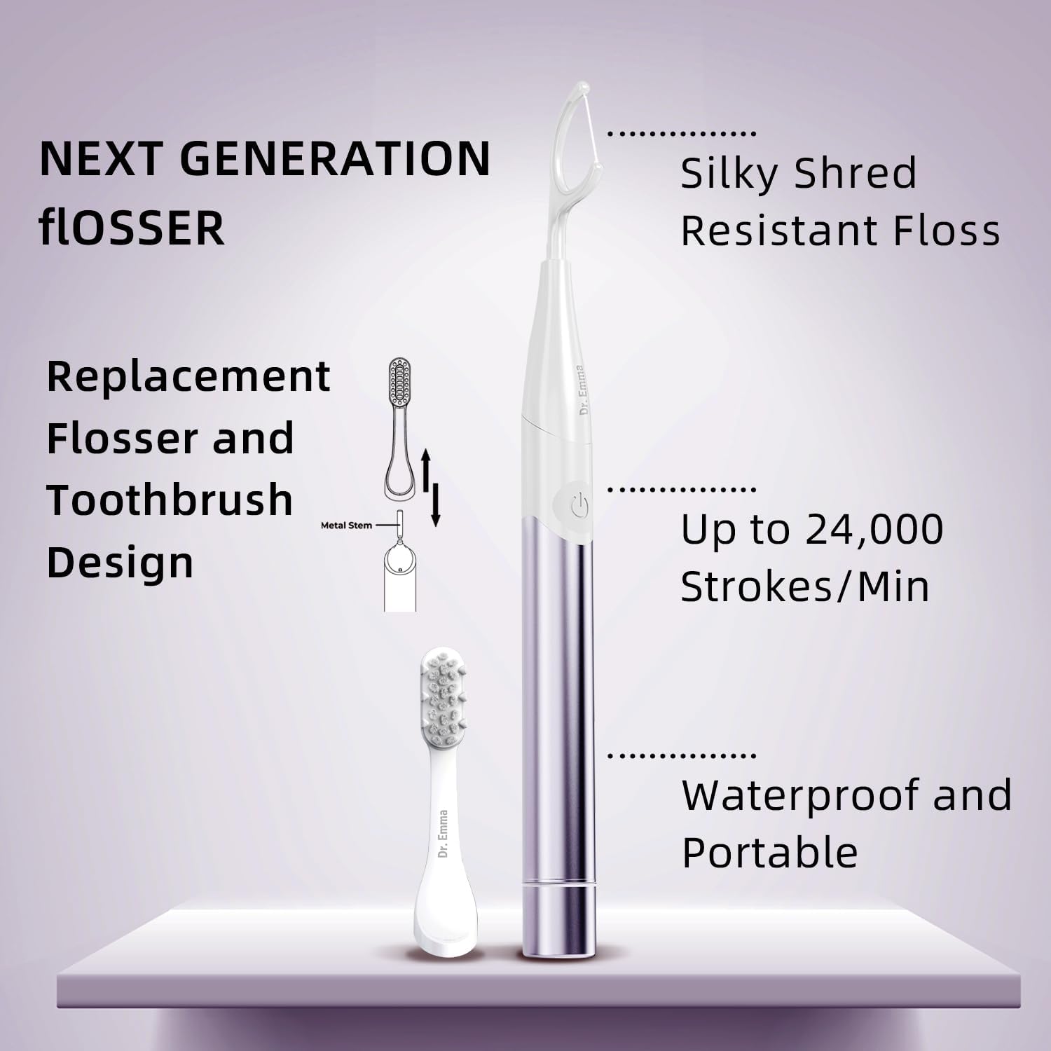 Dr. Emma Electric Vibration Flosser with Replaceable Floss Picks and Toothbrush, Power Flosser for Adults, Dental Flosser Kit for Teeth Cleaning, Water Flosser Alternative, Purple