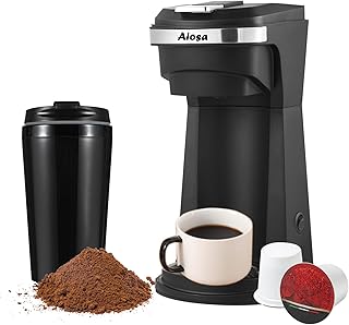 2 in 1 Single Serve K cup Coffee Maker 14Oz,With Travel Cup,Mini Single Personal Coffee Maker Machine,One Button Operation,Auto Shut Off,800W With Reusable Filter, One Cup Coffee Maker