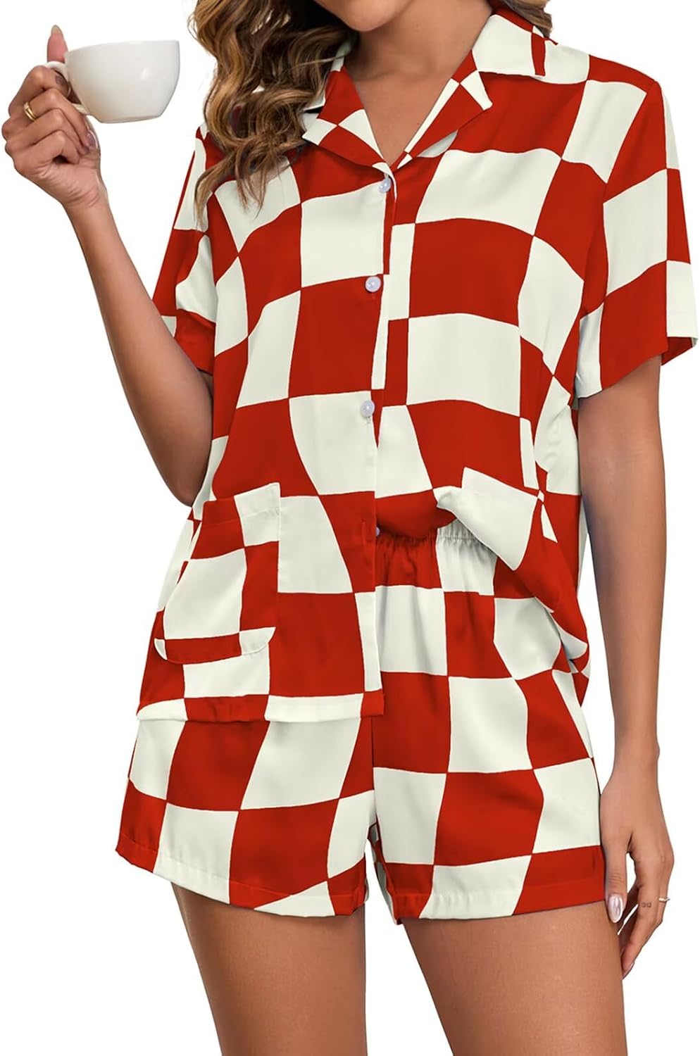 Brosloth Womens Silk Pajamas Summer Short Sleeve Floral Print Plaid Button Up Satin Pjs Set Loungewear Sets