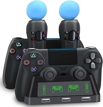 PS4 Controller Charging Dock Station, 4 in 1 PS VR Motion Move Charger Station, Fast PlayStation 4 Controller Charger with LED Indicator Compatible with PS4/Slim/PS4 Pro/PS VR Charging Dock
