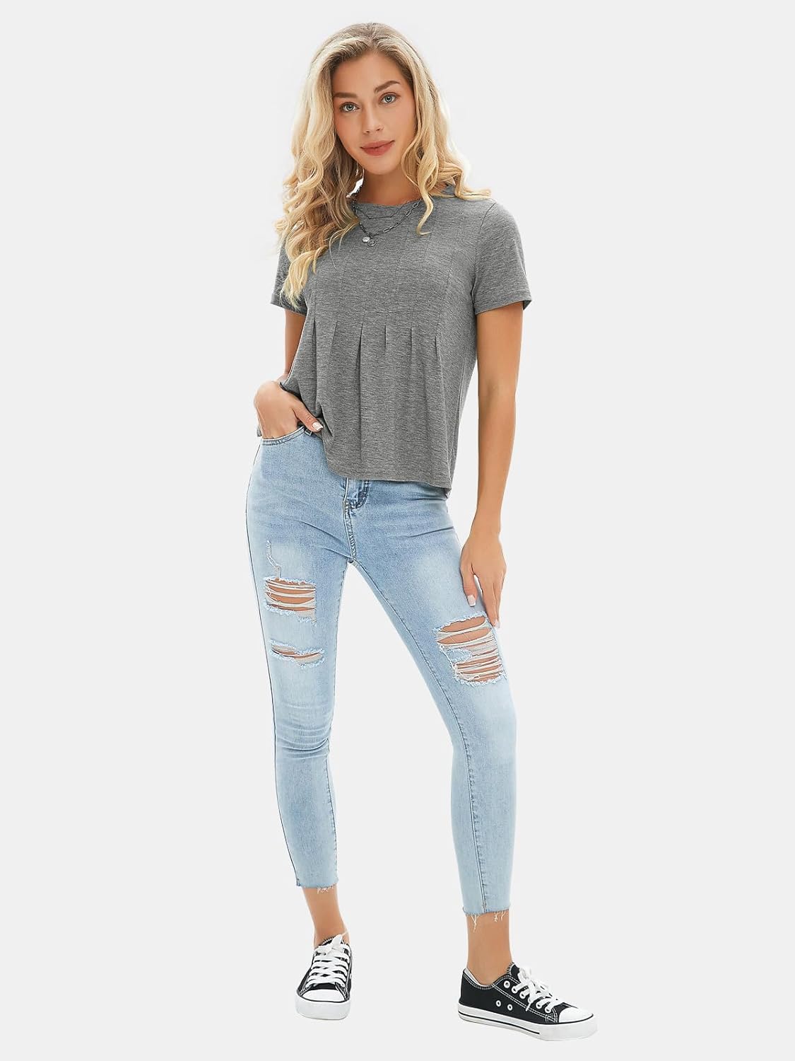 EXLURA Womens Summer Cute Crop Tops Short Sleeve Pleated Tshirts Crewneck Business Trendy Blouse Beach Vacation Outfits 2026 - Image 4