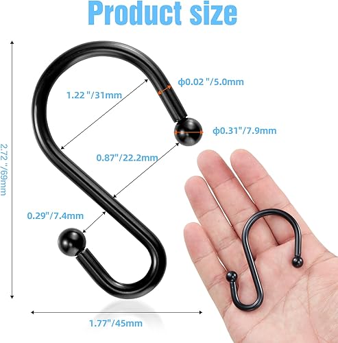 Miniatura 3 de BellRhein Ganchos para cortina de ducha, ganchos de ducha para cortina de ducha, gancho de metal en forma de S a prueba de óxido, anillos