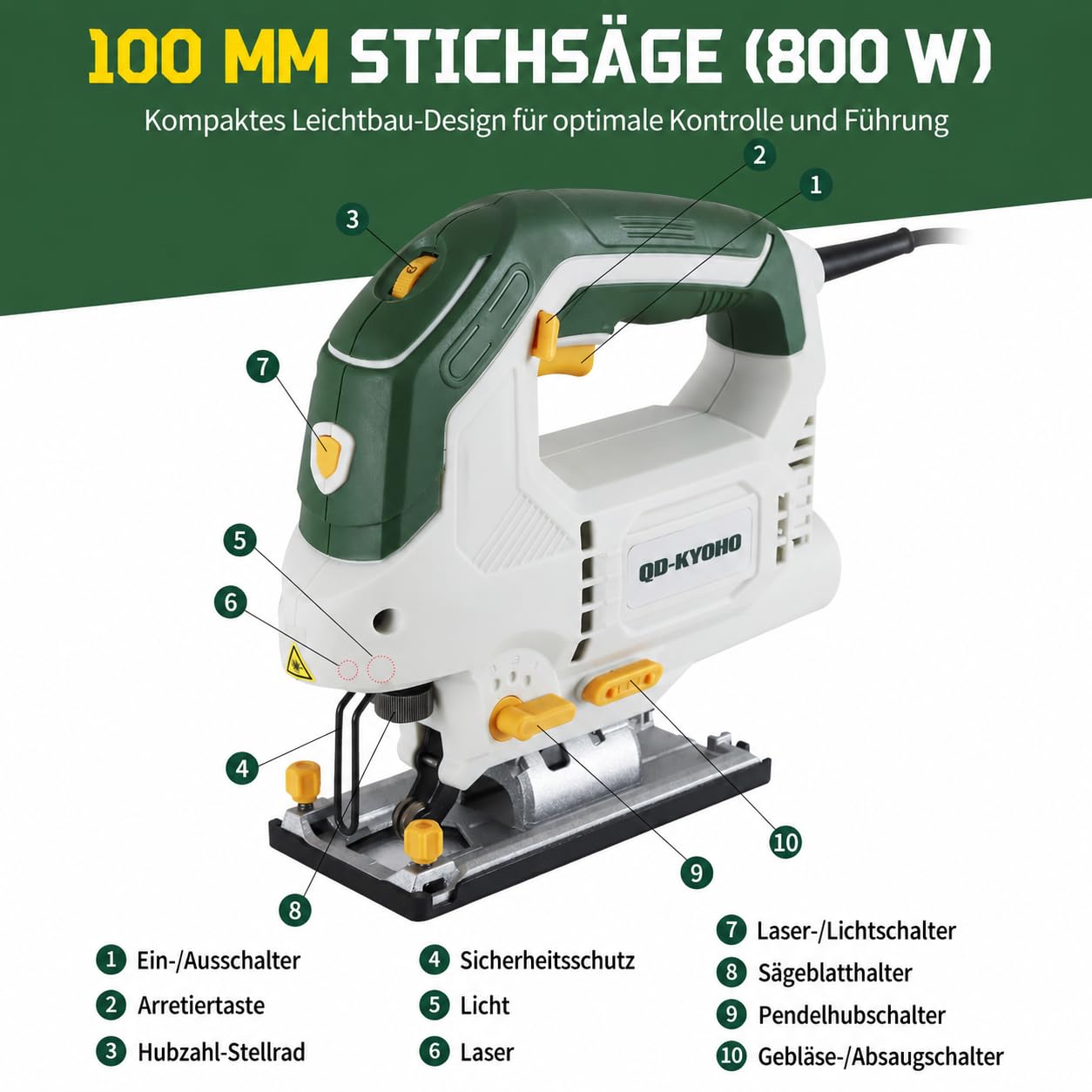 Stichsäge 800 W mit Laser und LED, 6 Geschwindigkeiten, 4 Pendelstufen, 100 mm Holz und 10 mm Metall, 45° Gehrungsschnitt, T-Schaft Schnellwechsel