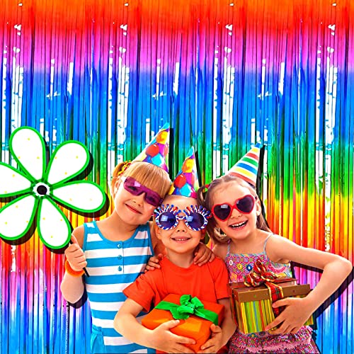 Image of 4 Pack Macaron Dark Rainbow Foil Fringe Curtain Backdrop, 3.28Ft x 8.2Ft Colorful Streamers Curtains for Party, Photo Booth Props, Birthday, 2022 Mother's Day Decoration Supplies