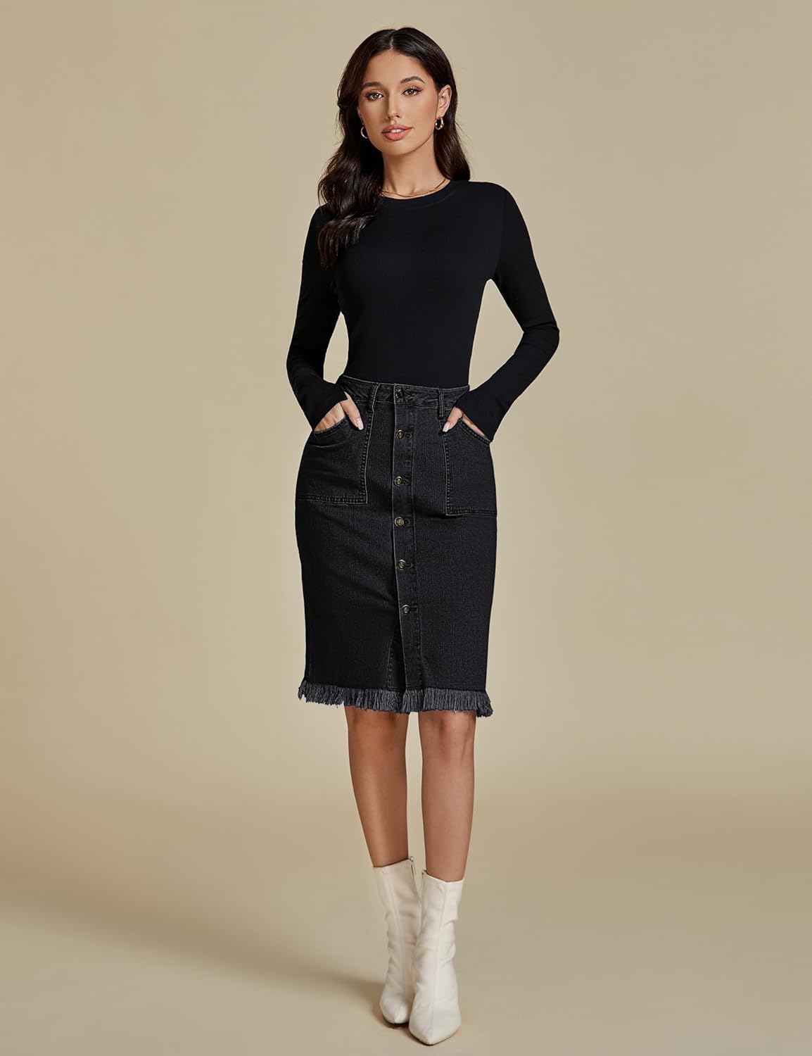 luvamia Women's Casual Mid Rise Button Down Frayed Raw Hem Denim Jean Midi Skirt - Image 7