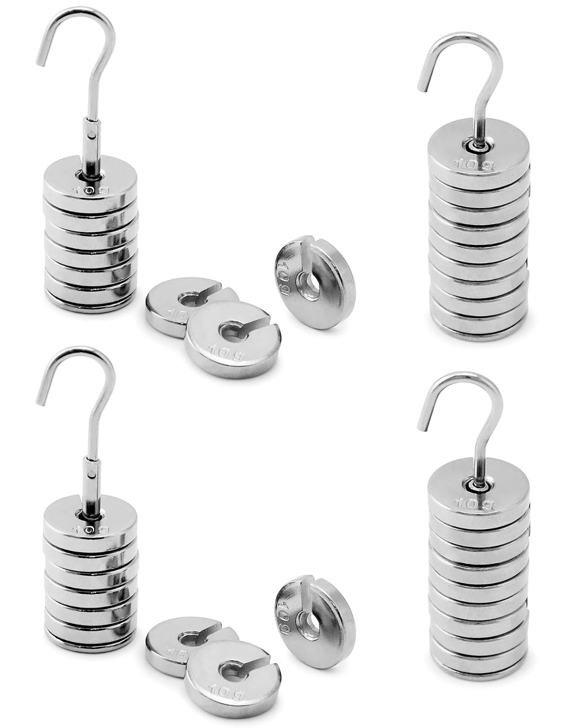 QWORK Lab Slotted Mass Set, 4 Set of Chromium-Plated Metal Slotted Weights, Each Set - Total 100g - Includes 9 Weights (10g Each) & One Hanger (10g)