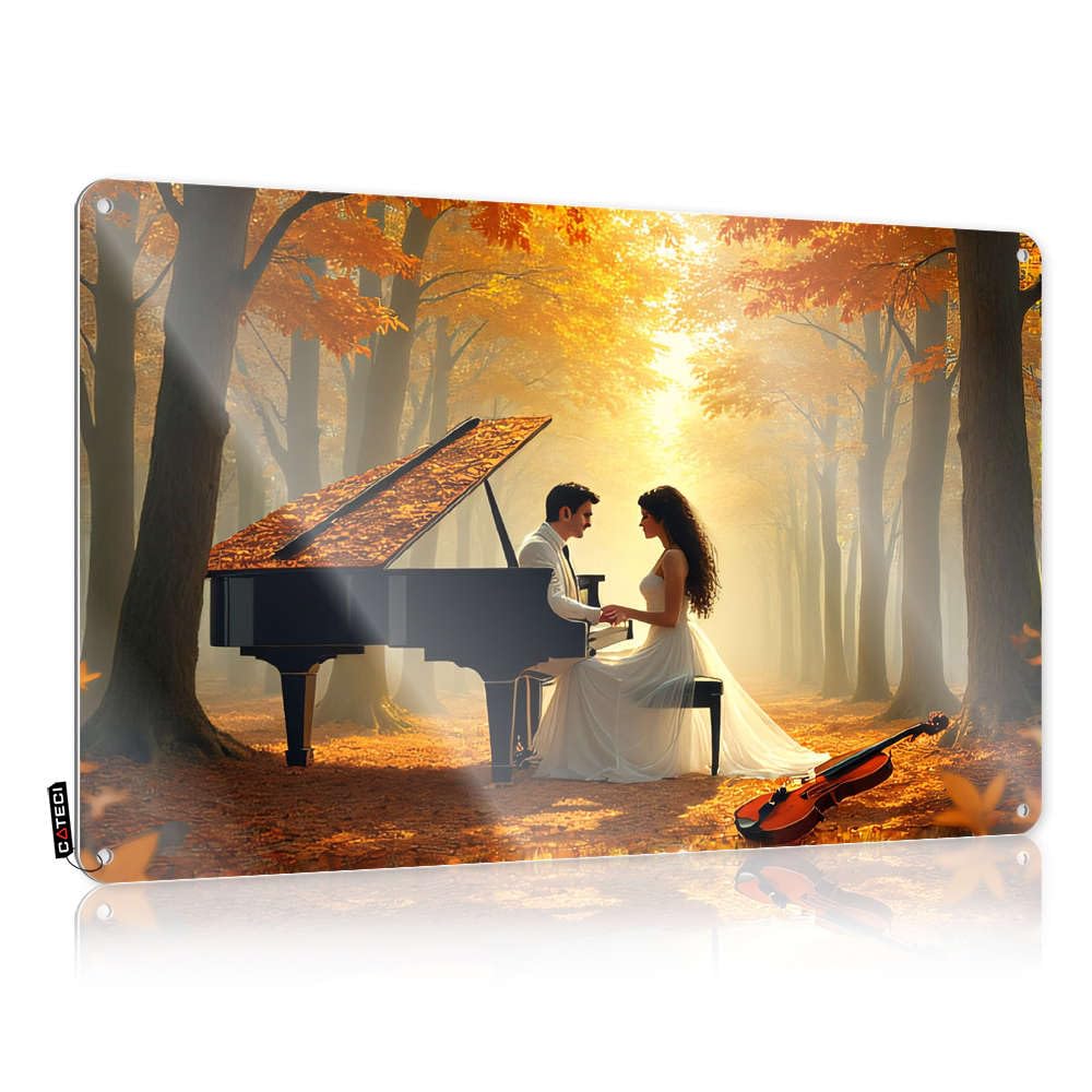Fzfn Colour A Couple Plays Music In An Autumn Forest Americana Plaques | Love Decor Vintage Style Fun Yard Decoration Easy Hang(30X40cm)