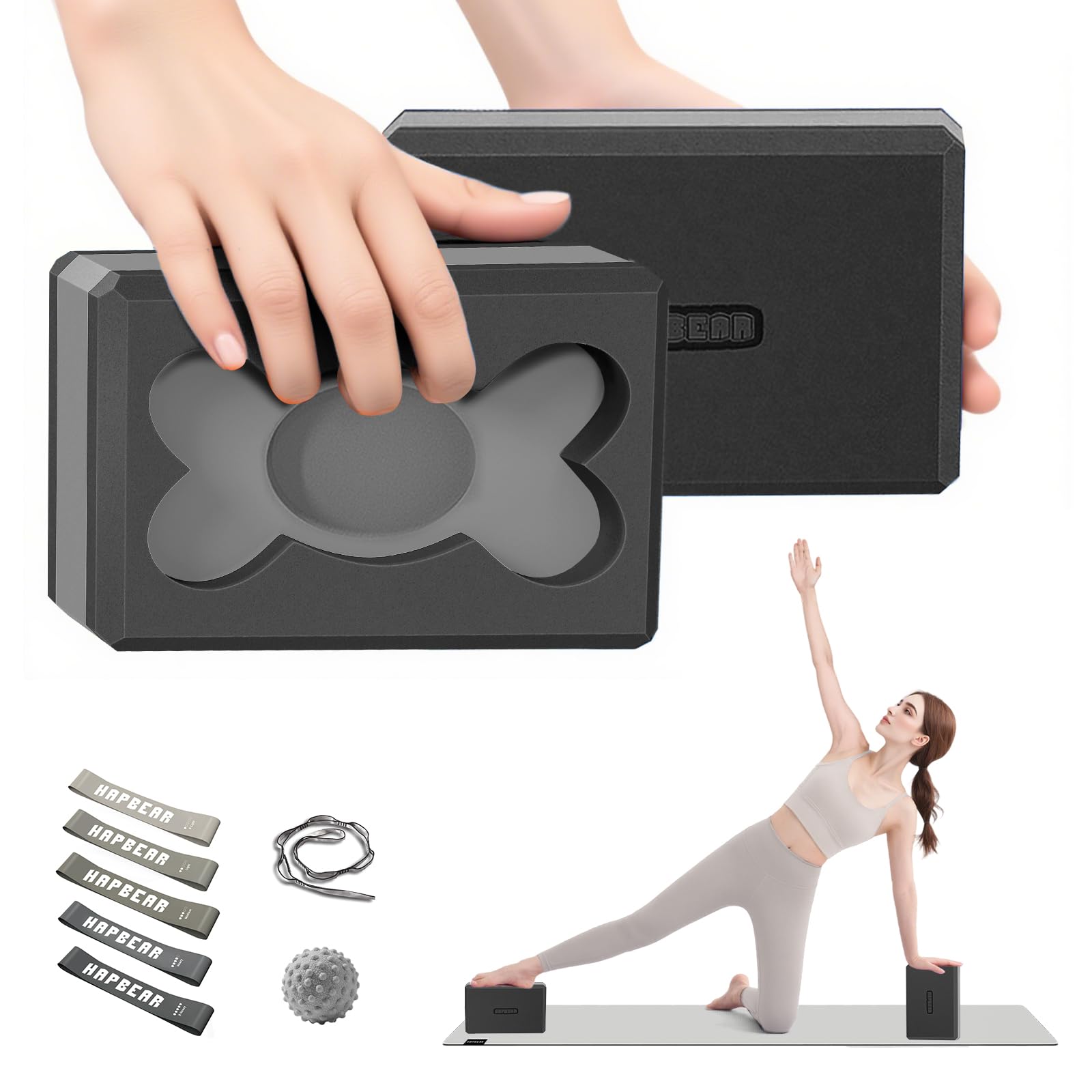 HAPBEAR 2 Klocki do Jogi – 23×15×7,5 cm EVA, Antypoślizgowe i Lekkie, Ergonomiczne, Stabilne do Pilates i Rozciągania – z Paskiem, Taśmami i Piłką do Masażu